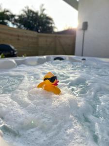 un pato amarillo de goma sentado en una bañera de hidromasaje en Crest Lake Beach House en Clearwater