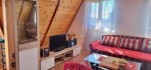 a living room with a red couch and a tv at Koliba Kika in Bajina Bašta