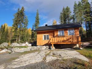 a wooden cabin in the middle of a forest at Nytt anneks med fantastisk utsikt over Hallingdal. in Gol