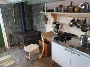 a kitchen with a stove and a stove top oven at Nytt anneks med fantastisk utsikt over Hallingdal. in Gol