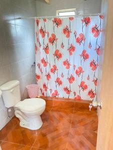 a bathroom with a toilet and a shower curtain at Casa de campo in Lago Ranco