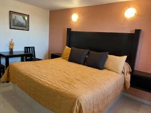 a bedroom with a large bed with a black headboard at Hotel Posada Real in Mineral del Monte