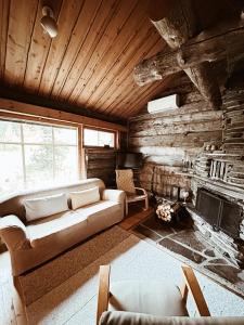 a living room with a couch and a fireplace at Chalet Luoston Lustitupa 3 in Luosto