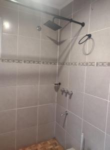 a bathroom with a shower with a shower head at Nativos in El Chalten