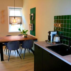 een keuken met een tafel en stoelen en een wastafel bij De Juffer van Batinghe in Dwingeloo
