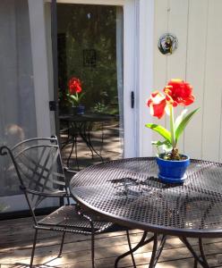 una mesa y sillas en un porche con una flor en una olla en Backyard Garden Oasis en Middletown