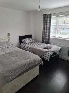 two twin beds in a bedroom with a window at Guest house room 1 in Haverfordwest