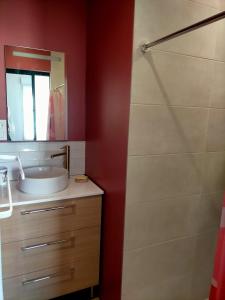 uma casa de banho com um lavatório e um espelho em Maison du petit p(a)in em Cucq