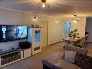 uma sala de estar com um sofá, uma televisão e uma mesa em Maison calme/Chambre privée/Clim+TV/Pétit dejeuner inclu/tout confort em Nevers