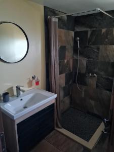 a bathroom with a shower and a sink and a mirror at Eco Lodge Taor in Taor