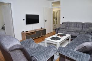 uma sala de estar com sofás e uma televisão de ecrã plano em ENA apartman em Kraljevo