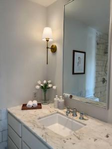 a bathroom with a sink and a large mirror at Mr. Nomad: Artistic Abode in Uptown in Dallas