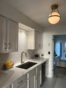 a kitchen with a sink and a bowl of fruit on the counter at Mr. Nomad: Artistic Abode in Uptown in Dallas