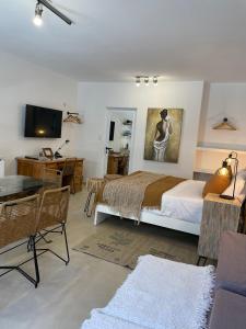 um quarto com uma cama, uma secretária e uma televisão em Casa de Piedra- céntrica em La Rioja