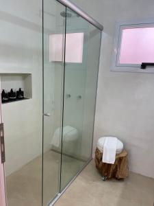 a bathroom with a glass shower with a log next to it at Casa de Piedra- céntrica in La Rioja