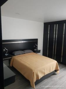 1 dormitorio con 1 cama grande y cabecero negro en Departamento Glorieta, en Mazamitla