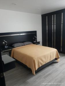 1 dormitorio con 1 cama grande y cabecero negro en Departamento Glorieta en Mazamitla