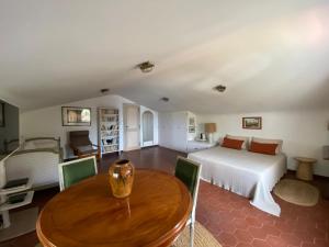 1 dormitorio con 1 cama y 1 mesa en una habitación en Villa les Palmiers en Calcatoggio