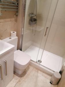 y baño blanco con ducha y aseo. en Great Home of Relaxations en Stoke on Trent