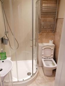 ein Bad mit einer Dusche, einem WC und einem Waschbecken in der Unterkunft Great Home of Relaxations in Stoke on Trent