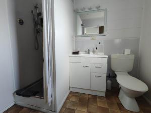 La salle de bains est pourvue de toilettes, d'un lavabo et d'un miroir. dans l'établissement Motel Villa Del Rio, à Whangarei