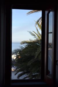 ストロンボリにあるCasa Lorenzoの窓越しにヤシの木と海の景色を望む