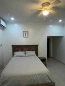 a bedroom with a bed with a ceiling fan at Dream Stay in Brusubi