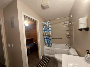 a bathroom with a toilet and a sink and a shower at Green Village B&B in Calgary