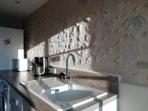 eine Küche mit einem Waschbecken und einer Steinmauer in der Unterkunft Gîte Vennecy, 4 pièces, 6 personnes - FR-1-590-181 in Vennecy
