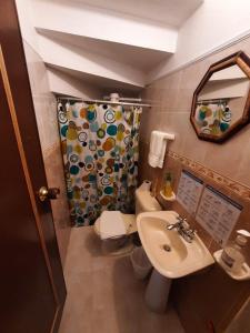 a bathroom with a sink and a toilet and a shower at Aparta Hotel El Refugio de María in Villa de Leyva