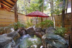 豐岡的住宿－常磐別館，瀑布池塘上的雨伞