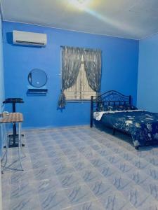 a blue bedroom with a bed and a window at D'NARS HOMESTAY KEMAMAN in Cukai
