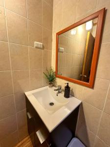 ein Bad mit einem Waschbecken und einem Spiegel in der Unterkunft Molco Cabins Bosque in Pucón