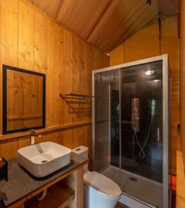 een badkamer met een douche, een wastafel en een toilet bij Campizo Glamping - Monterrey X NANTLI LIVING in Allende