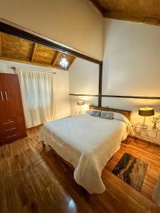 ein Schlafzimmer mit einem großen Bett und einem Fenster in der Unterkunft Molco Cabins Bosque in Pucón