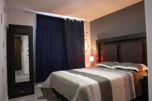 um quarto com uma cama grande e um espelho em Casa en puebla em El Gallinero