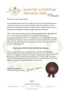 a letter from the luxury lifestyle awards with a certificate at Icon Saigon - LifeStyle Design Hotel in Ho Chi Minh City