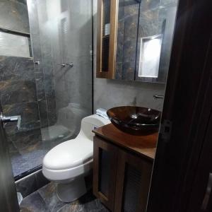 a bathroom with a toilet and a sink and a shower at Hermoso apartamento en Medellín in Medellín