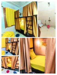 a collage of pictures of a room with bunk beds at Hostel shivshakti khajuraho in Khajurāho