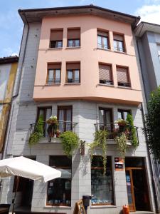 a pink building with windows and plants on it at Apartamentos San Pelayo in Cangas de On&iacute;s