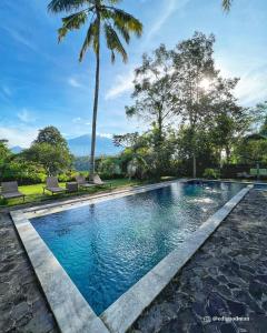 a swimming pool in a resort with palm trees at Mahagiri Resort & Restaurant in Menanga