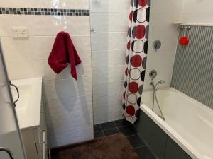 a bathroom with a shower with a red towel at Nambucca Lodge in Nambucca Heads
