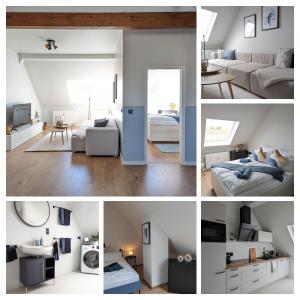 eine Collage mit Fotos von einem Wohnzimmer und einem Schlafzimmer in der Unterkunft Vilipa-Apartments Nähe Red Bull Arena, Küche, Smart TV, Badewanne, Maisonette in Leipzig
