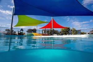 two colorful umbrellas sitting next to a swimming pool at BIG4 Mudgee Holiday Park in Mudgee