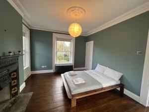 a bedroom with a bed and a fireplace and a chandelier at Tranquil Retreat in Historic Chapelizod in Dublin