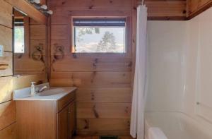 a bathroom with a sink and a tub and a window at Adelaide's Den cabin in Townsend