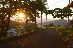 a road with the sun shining through the trees at Kaya Yamanoie in Yosano