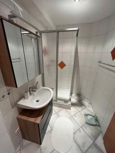 a bathroom with a sink and a shower at Ferienwohnung Victoria in Brixen im Thale