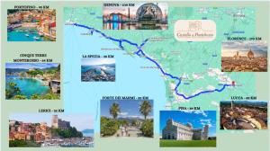 a collage of pictures of different places on a map at Castello di Pontebosio Luxury Resort in Licciana Nardi