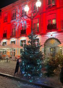 uma árvore de Natal em frente a um edifício com luzes vermelhas em Le Vieux Cèdre Grand Place em Mons